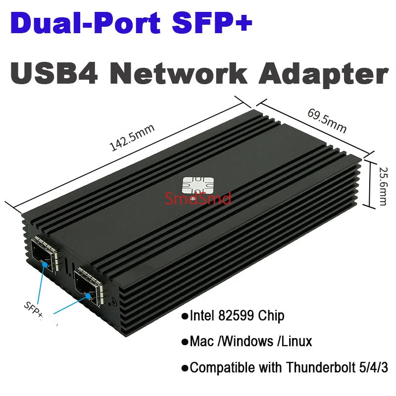 Dual Port 10G SFP+ USB4 Network Card Thunderbolt 5/4/3 Compatible Intel 82599ES 2 Port 10GBASE-T Fiber Optic Network for MAC