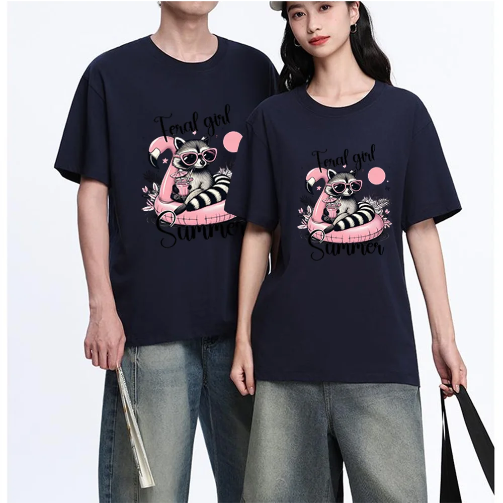 Raccoon Flamingo Pool Float Printed T Shirt Breathable Fabric S-XXL Personalized Custom Casual Short Sleeve Tee Aesthetic Graphi