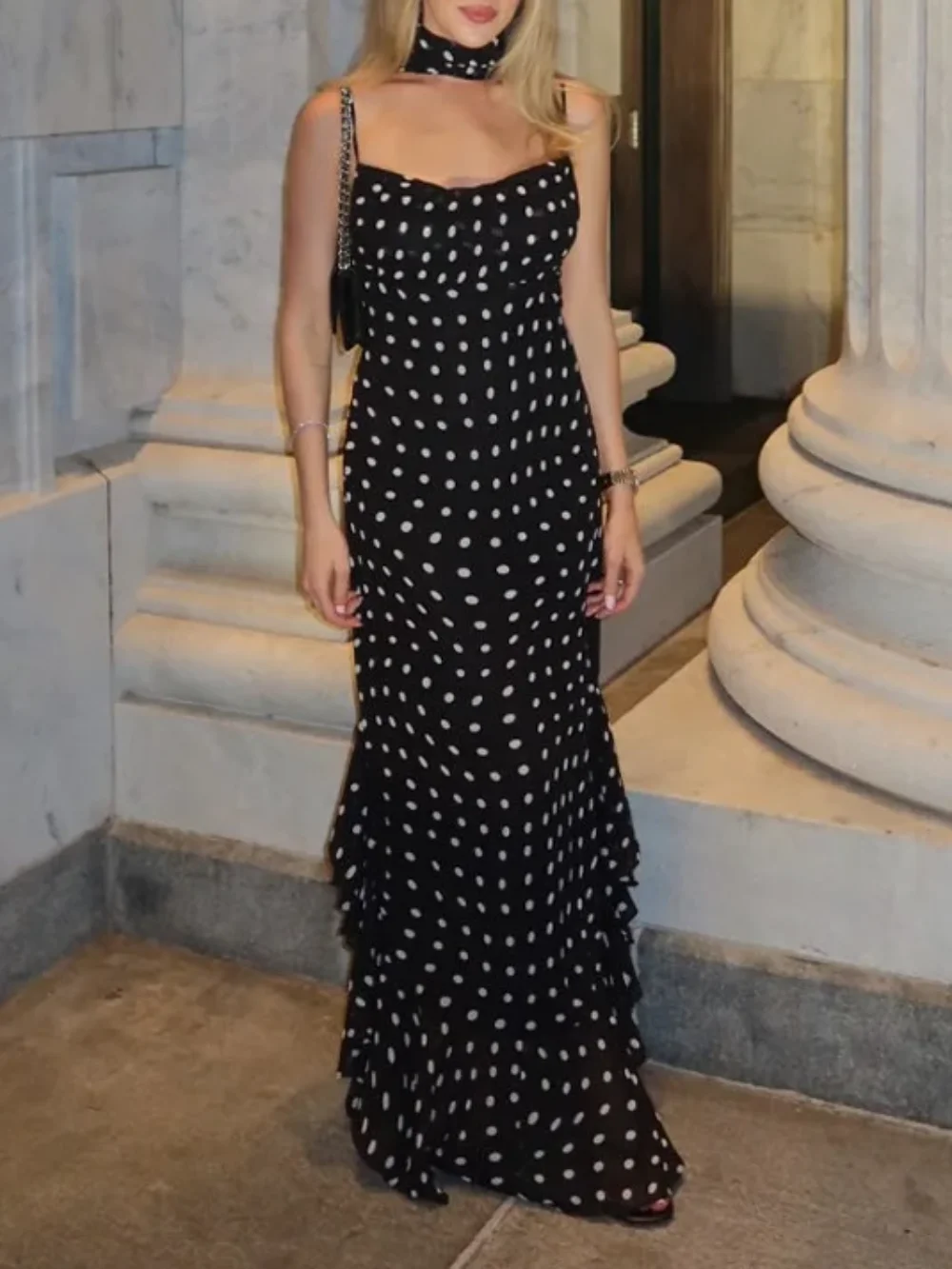 Sexy Club Fashion Women Dress Polka Dot Sleeveless Scarf Neck Backless Zipper Long Ruffle Dress New Fashion 2025 Summer Dress