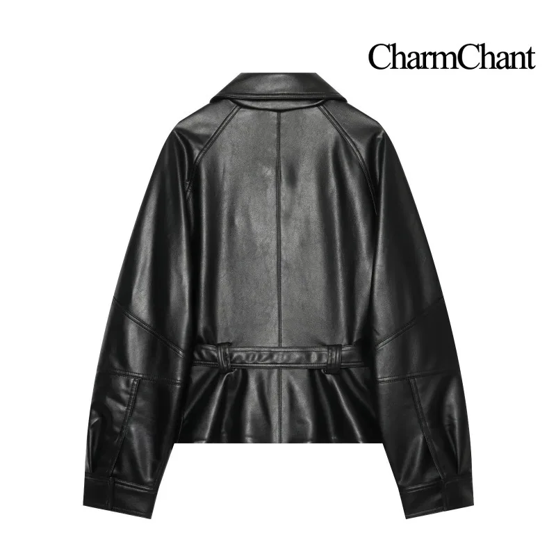CHARMCHANT Women's Belted Oversized Faux Leather Jacket Lapel Collar Asymmetric Cropped Biker Outerwear Streetwear Fall 2026