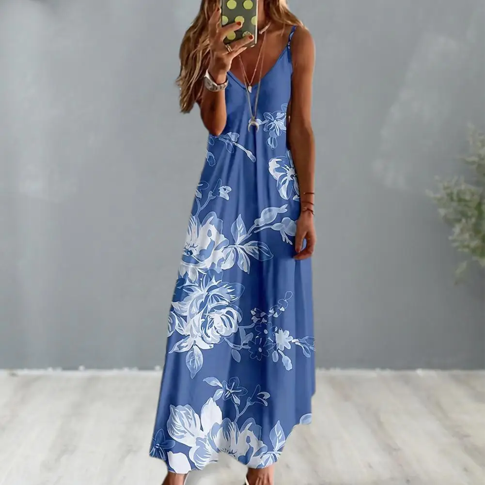 

Printed Dress Bohemian Style Floral Print Maxi Dress for Women Vacation Beach Sundress with Deep V Neck Strappy Design