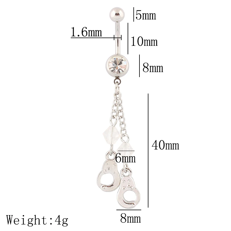 Belly button ring Dangle Handcuffs Body Piercing 14G 10mm stainless steel rod Clear Crystal beads Fashion jewelry