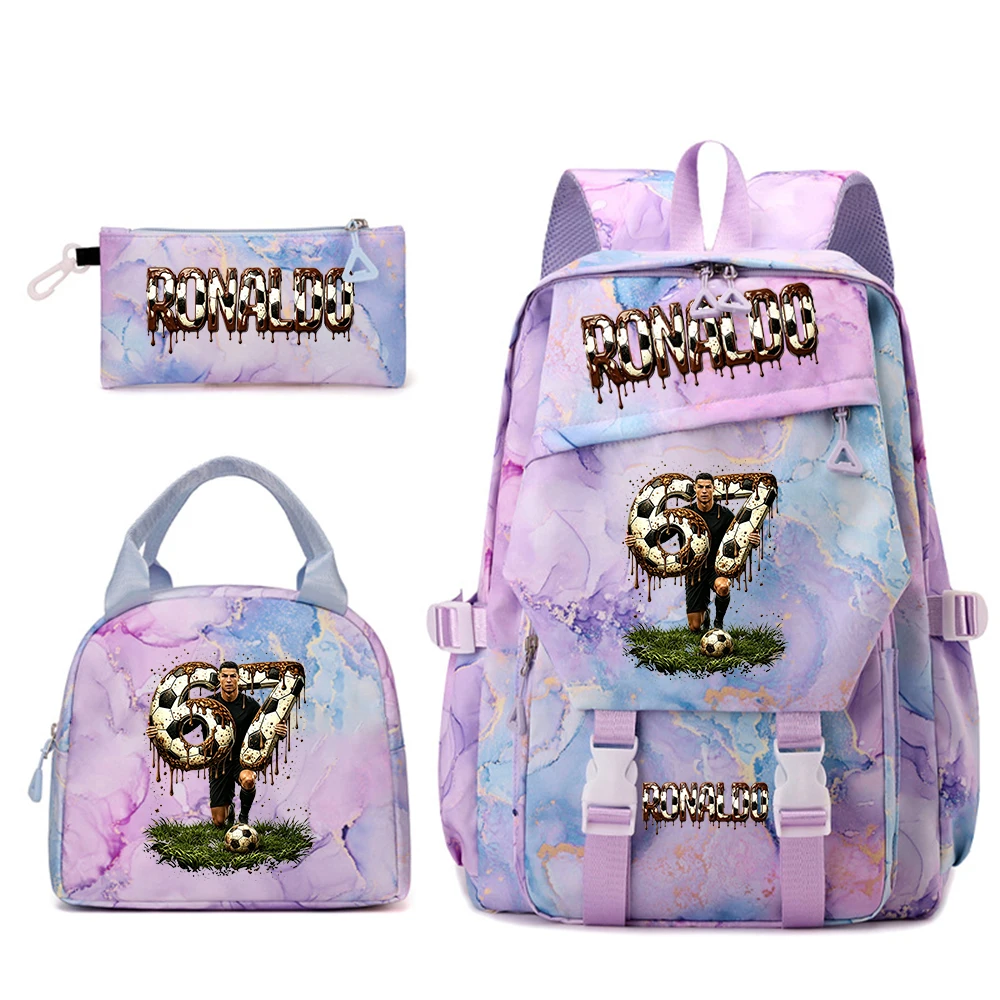 Cr7 Ronaldo 67 Juego de mochila escolar con estampado para estudiantes, con bolsa para el almuerzo, estuche para lápices, mochila de viaje escolar para adolescentes y niñas