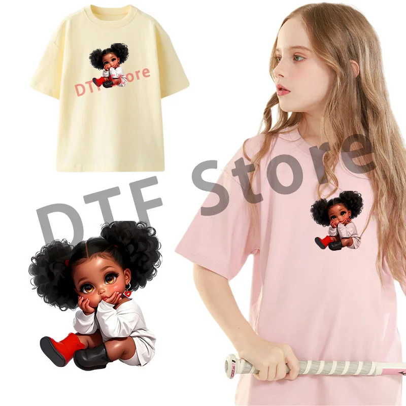 귀여운 흑인 소녀 다리미 열 전달 패치, 아동복 dtf 다리미, 의류용 열 전달 패치