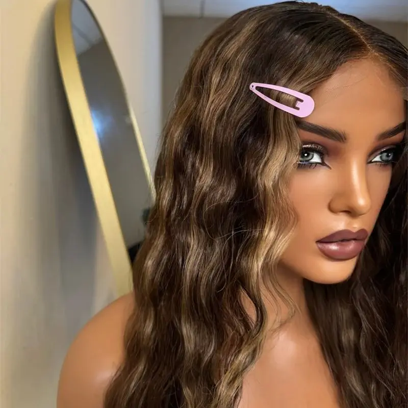Parrucche per feste quotidiane cosplay Ombre marrone scuro con strisce biondo miele Parrucca anteriore in pizzo sintetico HD Parrucche sintetiche in miscela di capelli umani