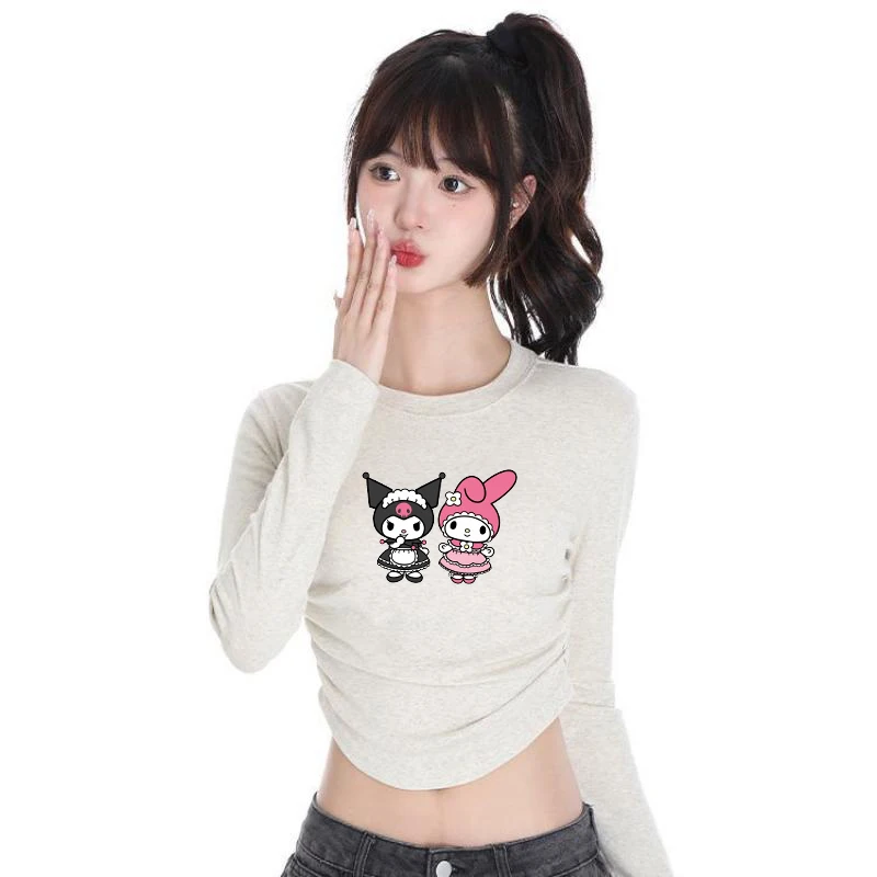 Kuromi Anime Printing Spring Autumn New Long Sleeve Revealing Tops Fashionable Versatile Solid Color Girl Skinny Cotton Interior