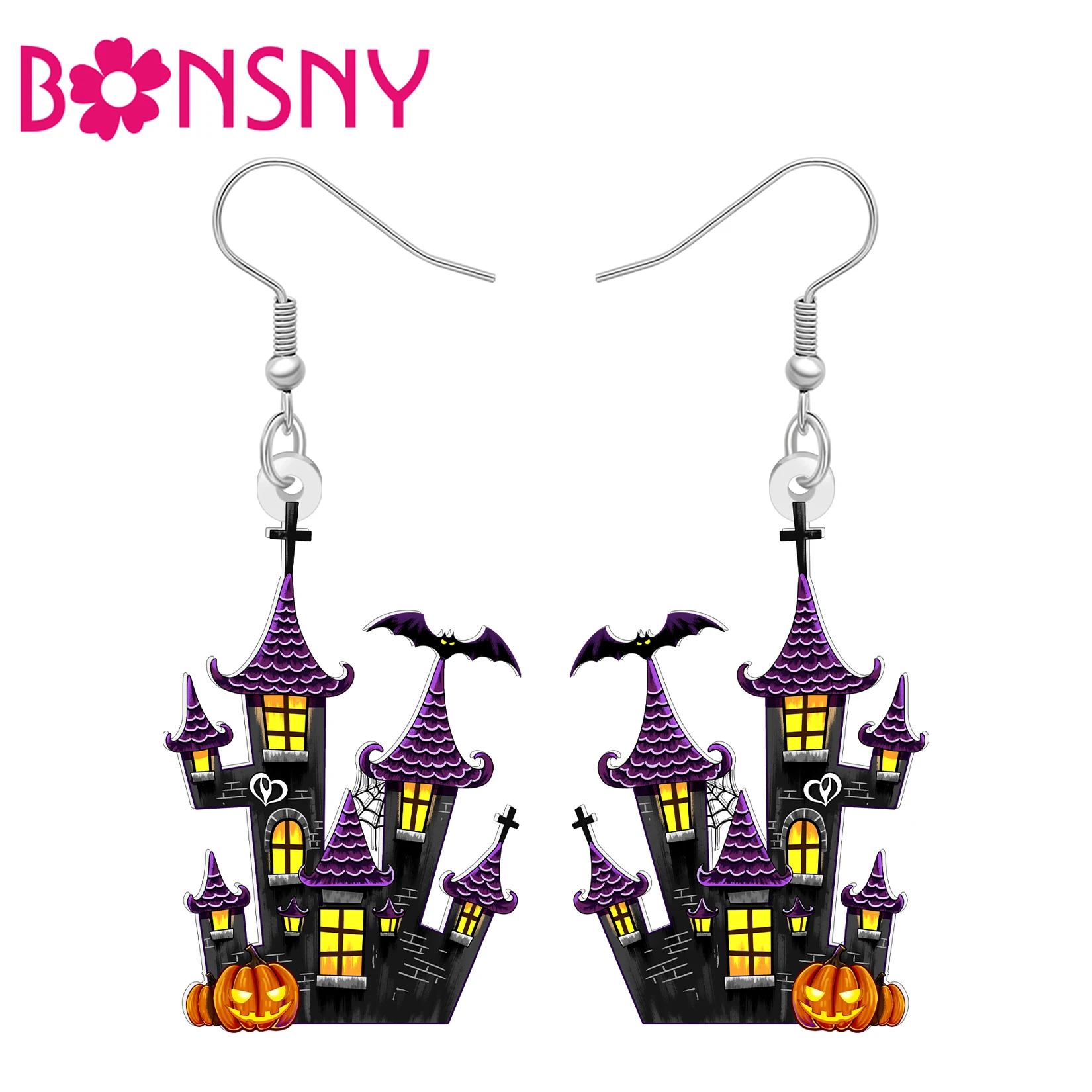 BONSNY Acrylic Halloween Haunted House Earrings Horror Bat Castle  Dangle Dark Gothic Jewelry Gifts For Women Costume Charms