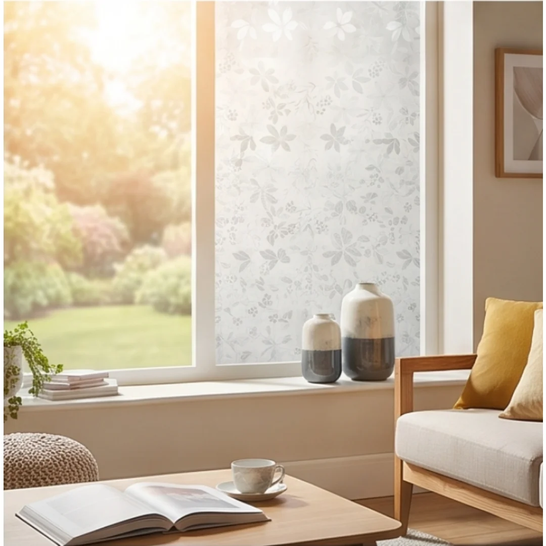 Grey Leaf Floral Self-Adhesive Window Film Frosted Privacy Glass Sticker Anti-UV Light-Filtering Decorative Tint for Bat