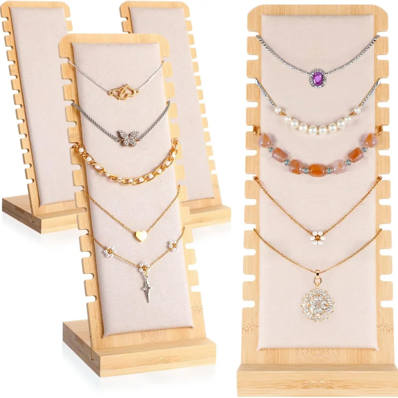 Necklace Display Stand, Bamboo Velvet Soft Mat Multiple Necklace Bracelets Pendant Chains Organizer Holder Case for Vendors Home
