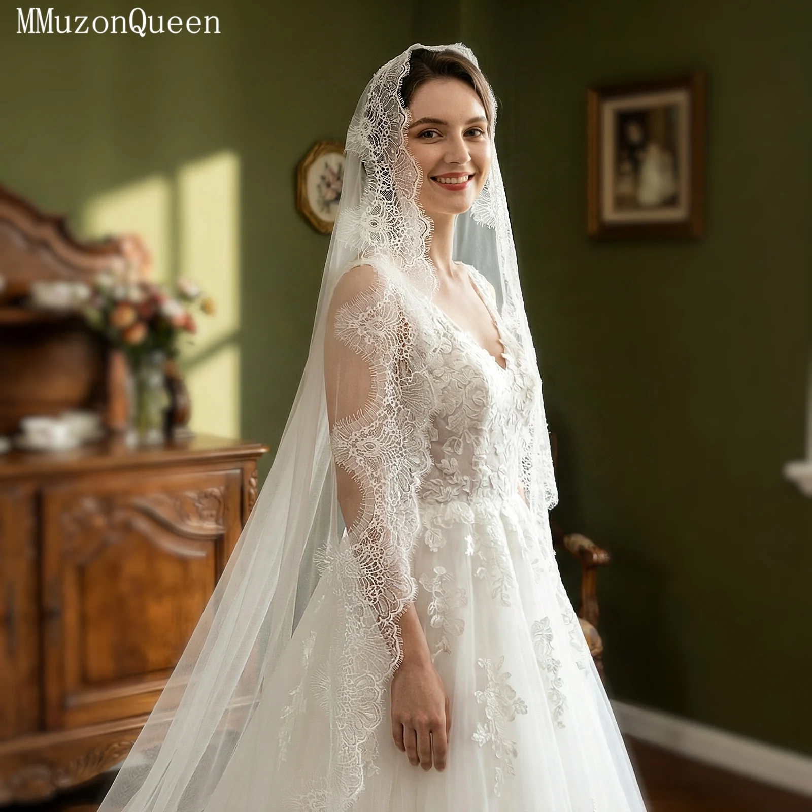 

TOPQUEEN кружевная фата Velo De Novia Lujosa собор с кружевным краем 1-слойная фата высокого качества кремовая настраиваемая V323