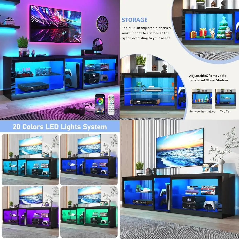 Large 71 Inch High Gloss LED TV Stand with Power Outlet, 60,000-Color Lighting for 70-80 Inch TVs, Modern Black LED Entertainmen