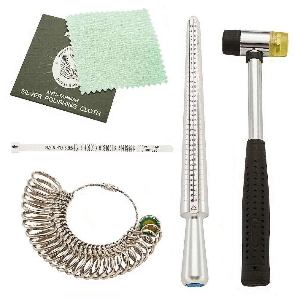 5Pcs Jewelry Ring Sizer Mandrel Set with Finger Gauge, Rubber Hammer & Polishing Cloth Stick 250x25mm for Ring Size 11-22 US