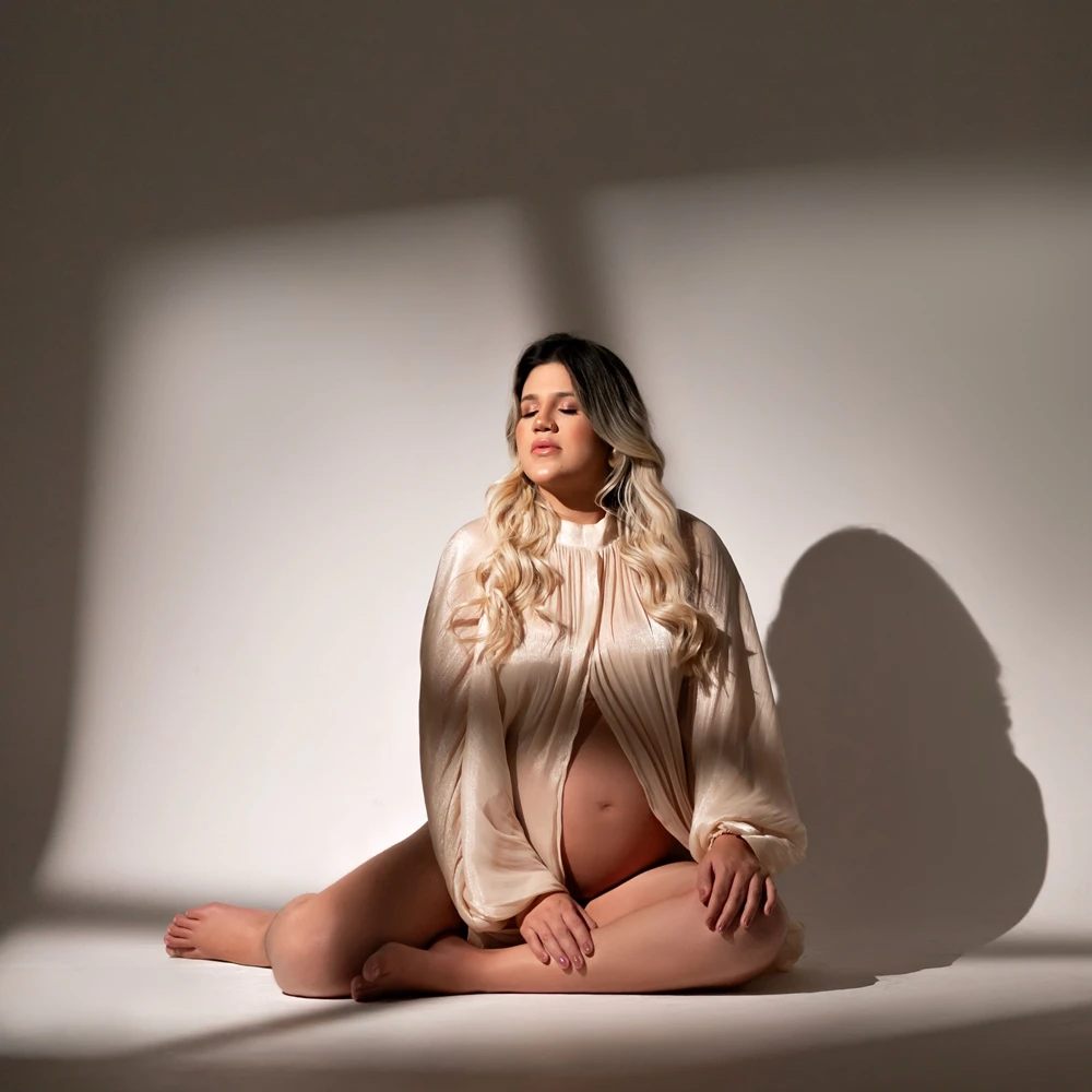 Maternity Photography Props Champagne Satin Gown Pregnancy Photo Shoot Outfit High-End Studio Posing Clothing view 4