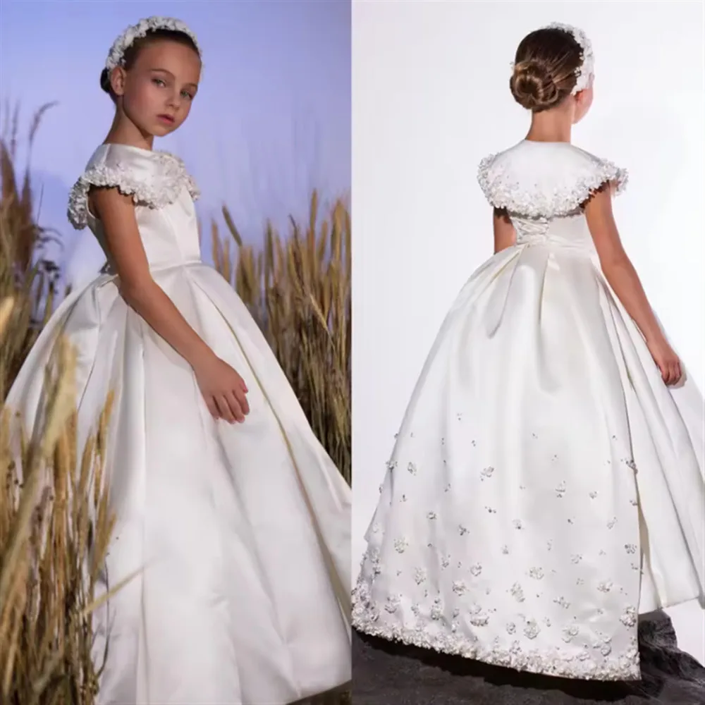 

Customized White Flower Girl Dress For Wedding Satin Appliques Flowers Princess Baby Birthday Party Dress First Communion Gown