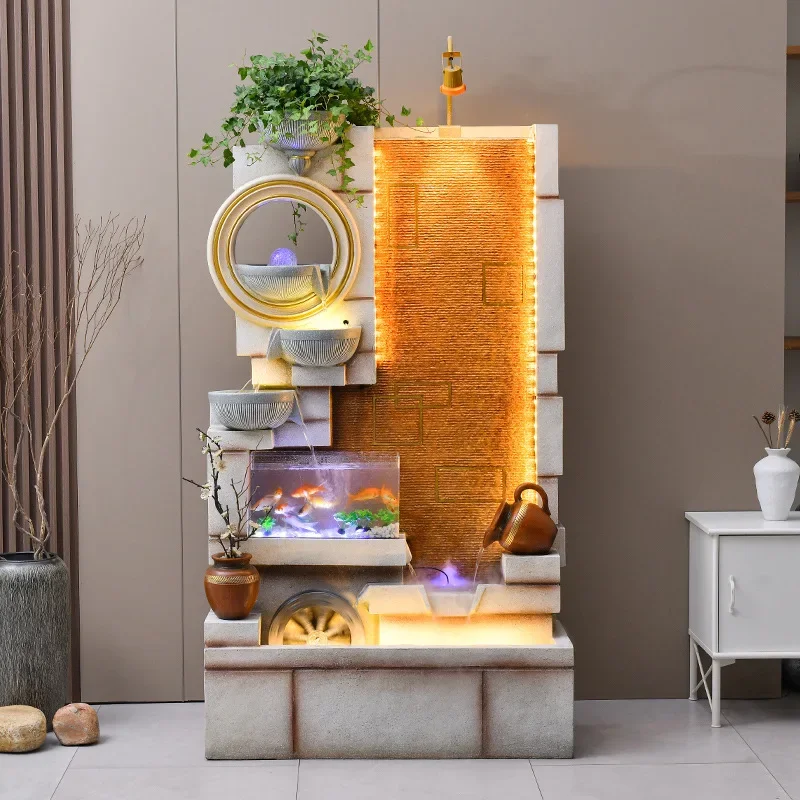 Modern simple living room, circulating flowing water ornaments, floor-to-ceiling water features, water curtain walls, rockeries