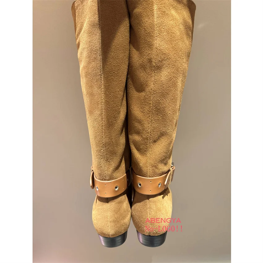 Winter New Suede Middle Calf Boots Women Round Toe Belt Buckle Flat Heel Ankle Boots Designer Casual Party Chelsea Boots Women