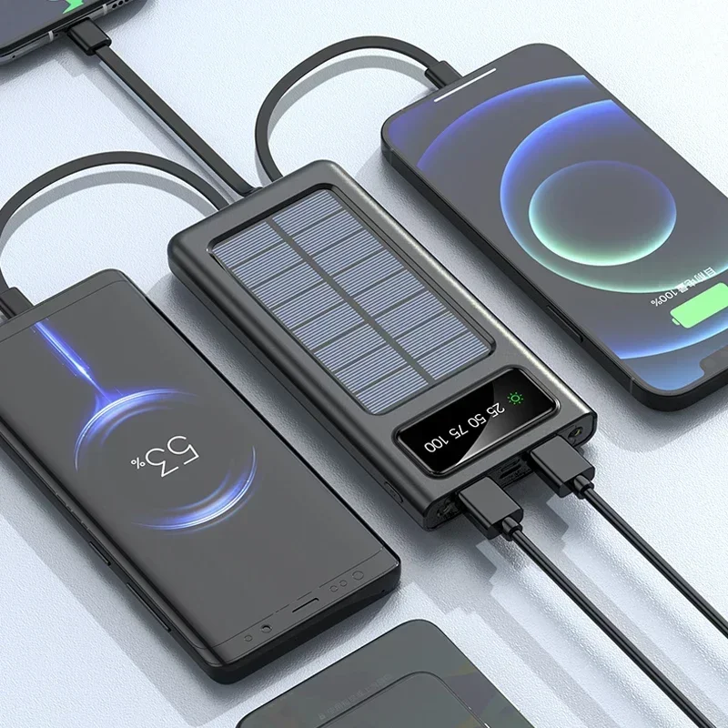Solar Power Bank 200000mAh Digital Display Solar Battery Large Capacity Fast Charging Built-in Cable Power Bank External Battery image 6