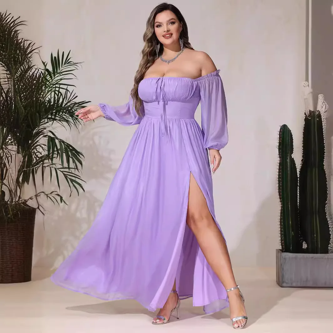 Plus Size Women Wedding Dress Fashion Chiffon One Shoulder Chest Sexy Lace Bubble Sleeve Big Swing Dress Temperament Elegant