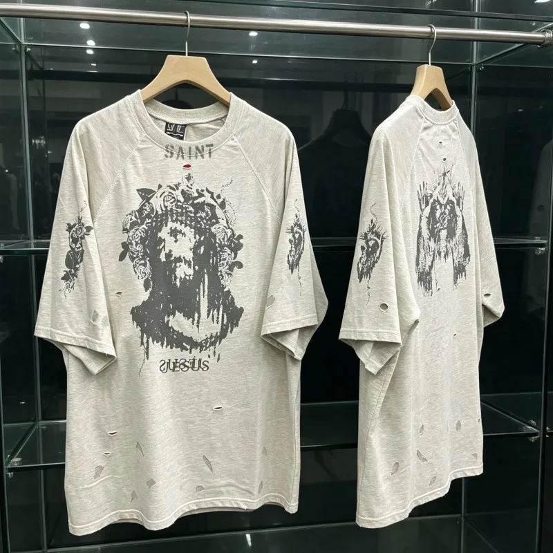 Summer Saint Tshirts Graffiti Flower Wreath Portrait Jesus Print Splashed Ink Damaged Washed Old Short Sleeve Men Women Top Tees