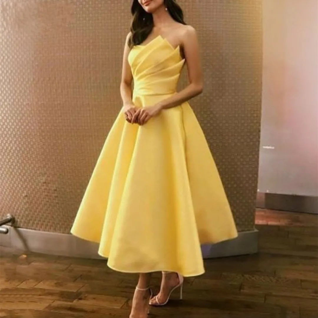 

Yellow Short Strapless Prom Dresses 2023 A-Line Tea Length Pleated Satin Party Evening Gowns Robe Soirée Vestidos De Fieast