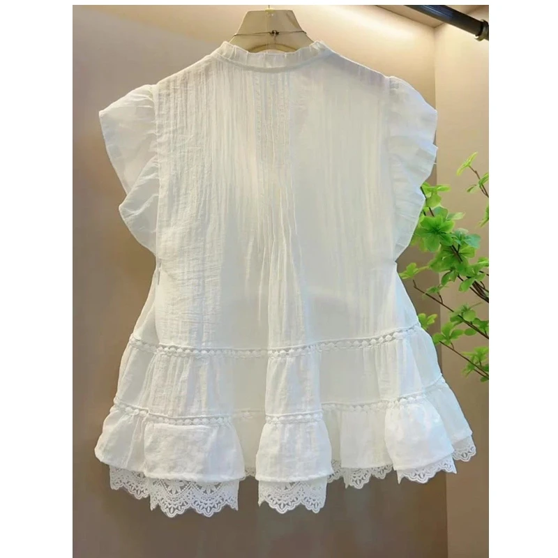 Korean V Neck Button Lace Patchwork Solid Blouse Women Clothing Sleeveless Youth Sweet Cute Shirt Tops Elegant Fashion Summer