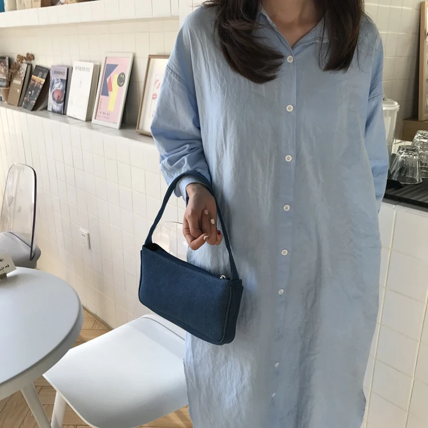 الصيف المرأة الأزرق الإبط حقيبة لينة سستة مربع حقائب كتف عارضة أزياء بلون القماش حقيبة يد الإناث