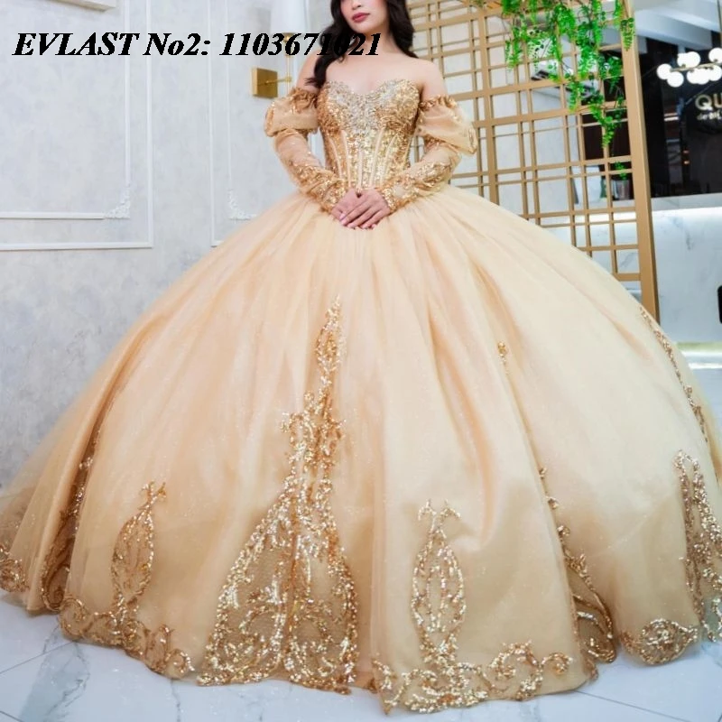 

EVLAST индивидуальное мексиканское платье Quinceanera цвета шампанского с открытыми плечами, золотая аппликация, бант из бисера, милое платье 16, Vestidos 15 Anos E2QA131