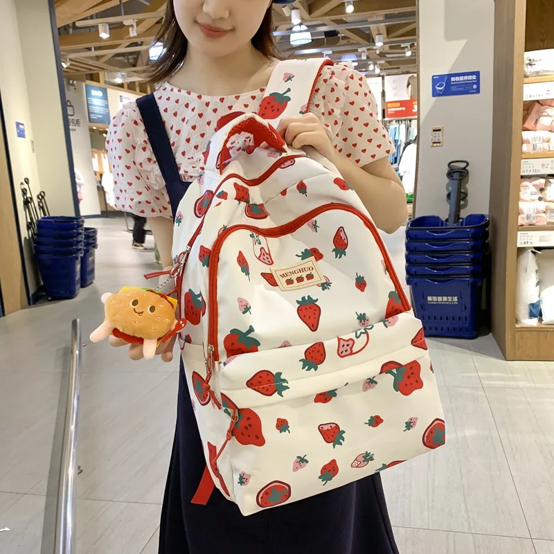 Cute Girls Backpack Waterproof Nylon School Bag 2023 Cartoon Backpack Lovely Rucksack Bear Strawberry Cheese Printed Backpack