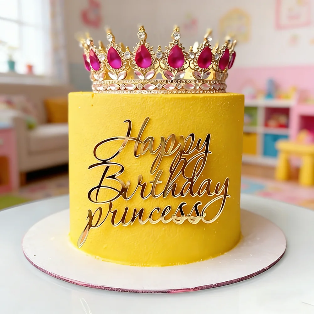 Goldener 'Happy Birthday Princess' Acryl-Cake-Topper mit Spiegelfinish für Mädchen-Geburtstagsfeier, Kuchendekoration-Set