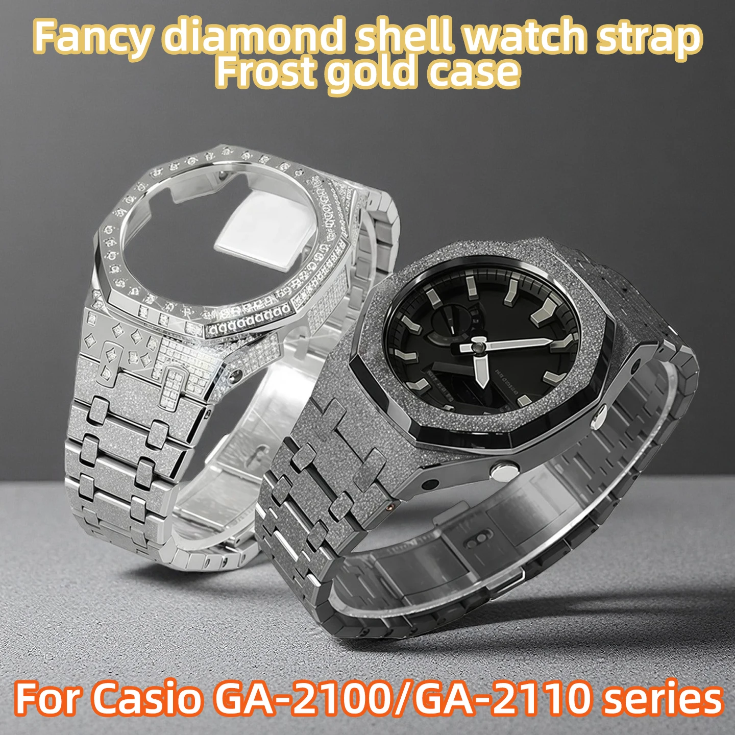 Farmhouse Oak GA-2100/GA-2110/GA-B2100 Custom Metal Patterned Drilled Case Band & Case Frost Gold Watch Accessories for Casio