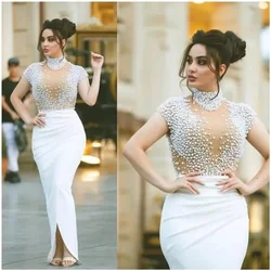 White Arabic Dubai Luxury Evening Dresses 2024 High Neck Beaded Pearls Short Cap Sleeves Sheath Formal Dress Wedding Party Dress