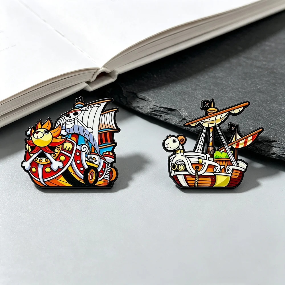 2pcs Pirate Ship Enamel Pin Set, Thousand Sunny & Going Merry Metal Lapel Brooches, Anime Collectible Badge for Backpack Gift