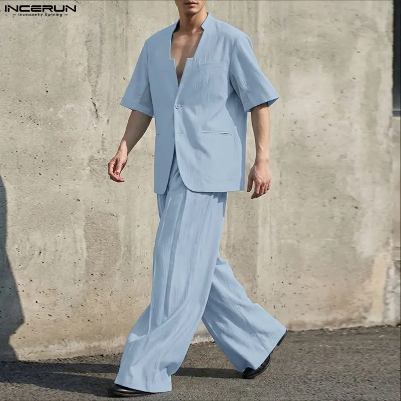 INCERUN Men Sets Solid V Neck Short Sleeve Blazer & Pants 2 Piece Sets Streetwear Men Clothing 2026 Loose Fashion Men Suits