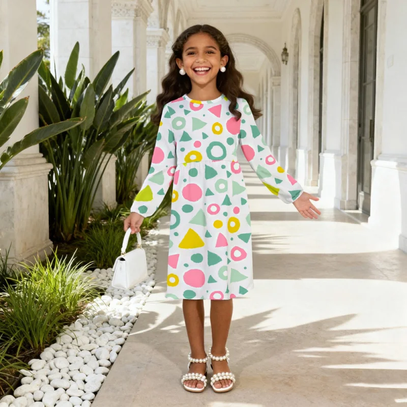 

2025 Girls Long Sleeve Floral Geometric Printed Dress
