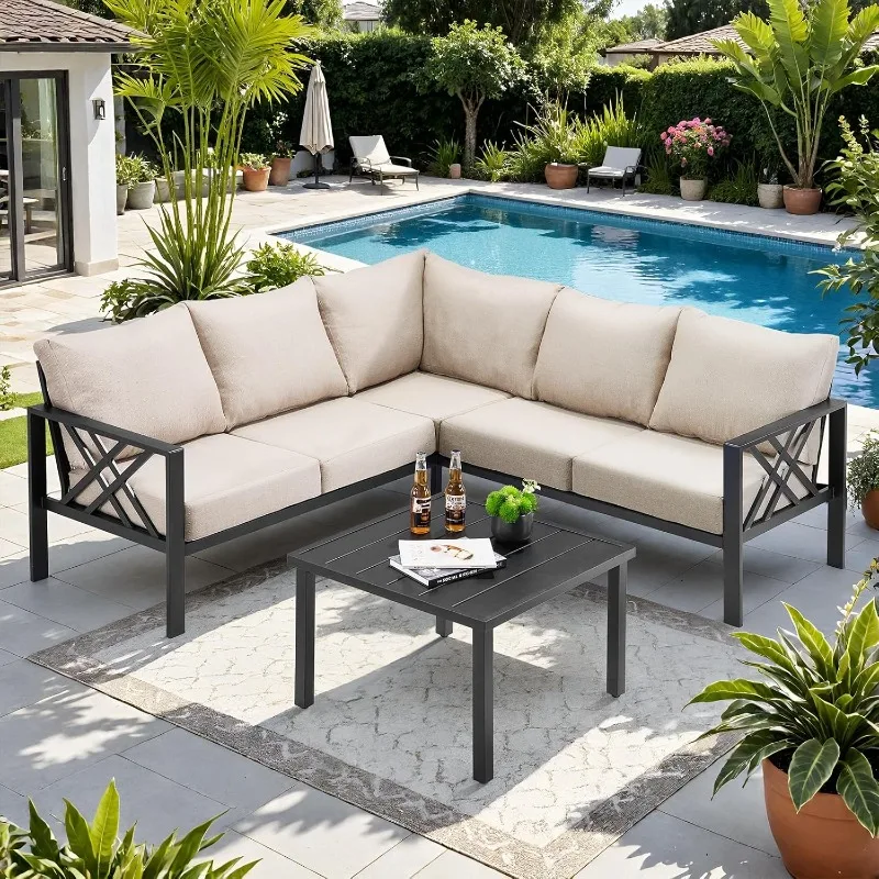 

home.Furniture Set, 6-piece Metal Sectional Furniture Sofa with Coffee Table, L Shaped Outdoor Couch with Olefin Cushion,