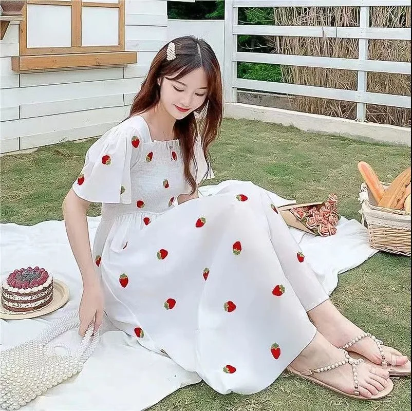 

Women Sexy Ruffle Puff Sleeve Off Shoulder Embroidery Summer Party Dresses 2023 Korean Elegant Vintage Kawaii Strawberry Dress
