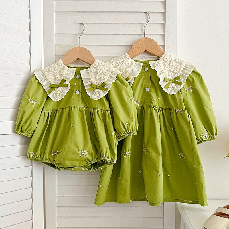 Sisters Clothes Infant Baby Girls Lace Collar Dress Rompers Kids Baby Girls Embroider Bow Princess Dress Family Clothes Rompers