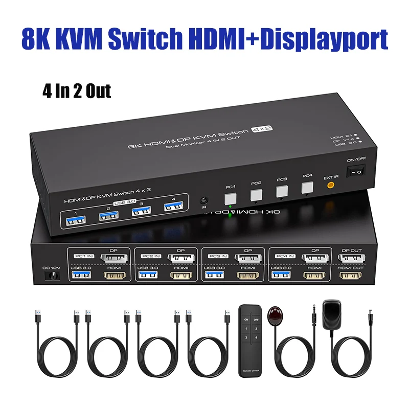 

KVM-Консоль 8K HDMI + Displayport 2 монитора 4 компьютера 4K 144 Гц двойной дисплей 4x2 USB 3,0 квм-Консоль переключатель для 4 ПК поделиться клавиатурой мышью