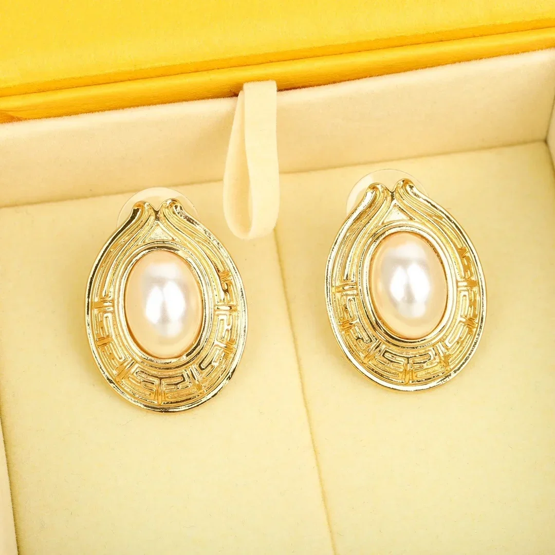 

Vintage 18K Gold Big Pearl Earrings Women Top Quality Luxury Fancy Charm Jewelry Designer Trendy