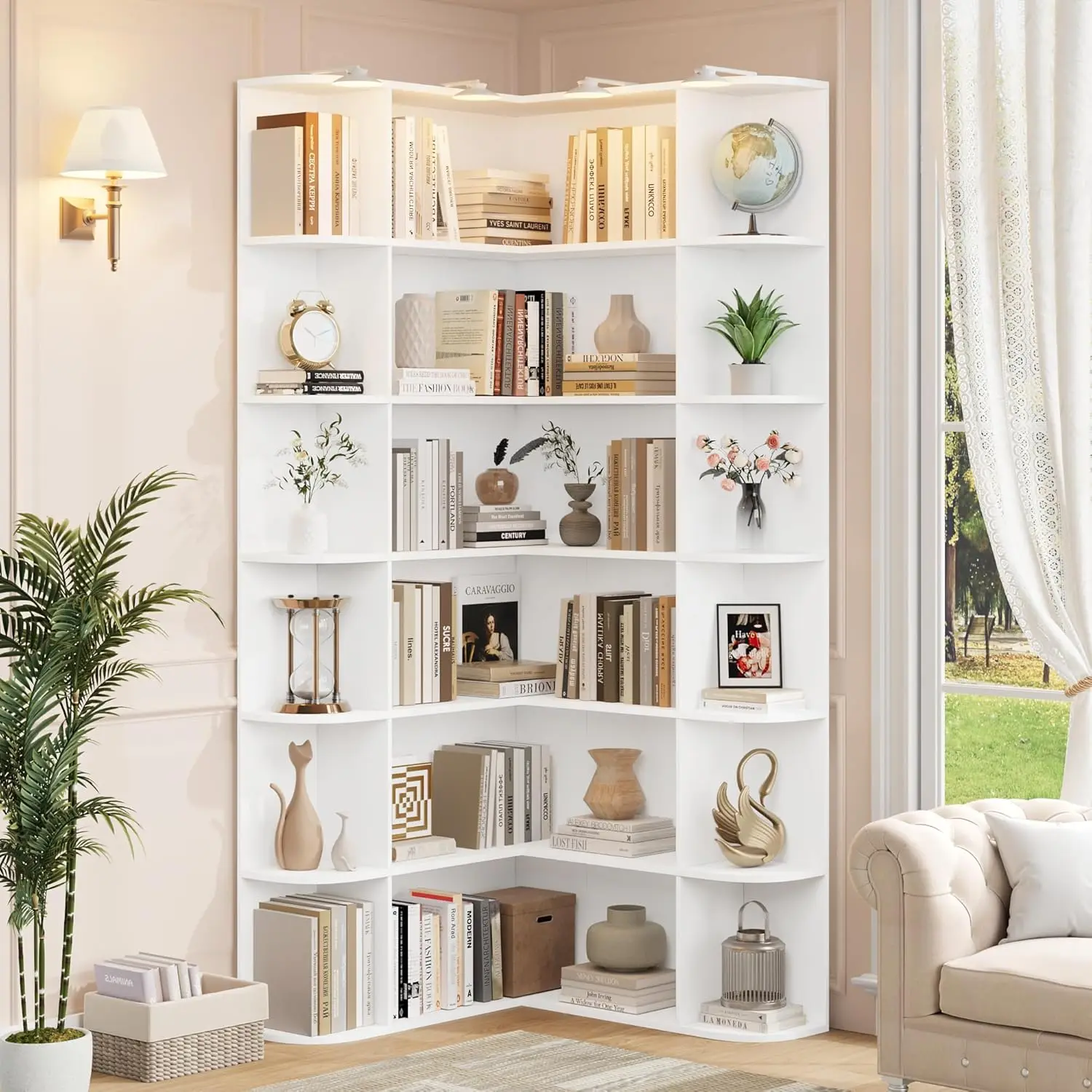 74” Tall Corner Bookshelf, 6-Tier Bookshelf and Bookcase with Open Storage, L Shaped Tall Bookcases Wooden Storage