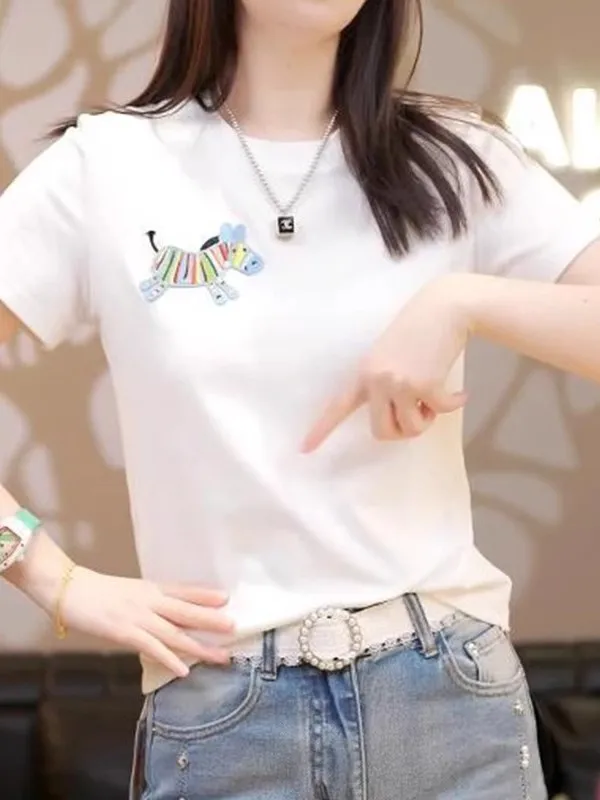 

Модная вышитая круглая футболка ort Sve Ne, женская простая футболка Sli, универсальный утягивающий узор, хлопковая повседневная...