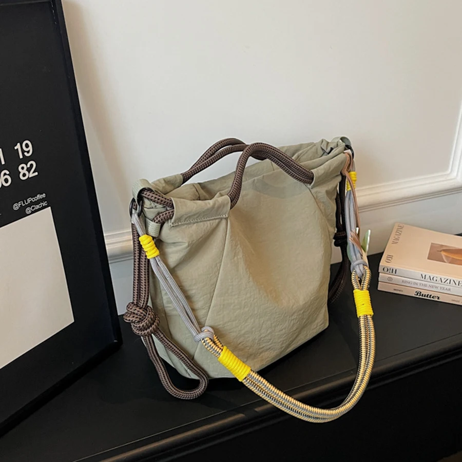 Vintage Multi-Pocket Große Tragetasche mit Kordelzug, Schulterriemen, Kontrast-Gurtband, Crossbody für Outdoor-Wanderungen, Alltags-Pendel, Handtaschen – Detail 4