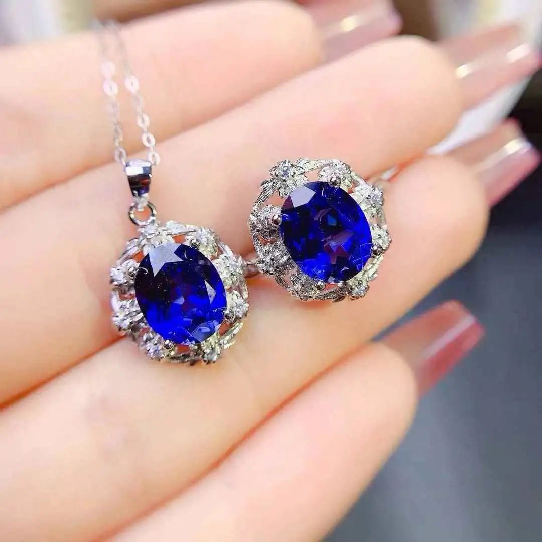 Free Shipping Pure Natural Sapphire Set 925 Sterling Silver Women Jewelry set 1pc ring,1pc pendant