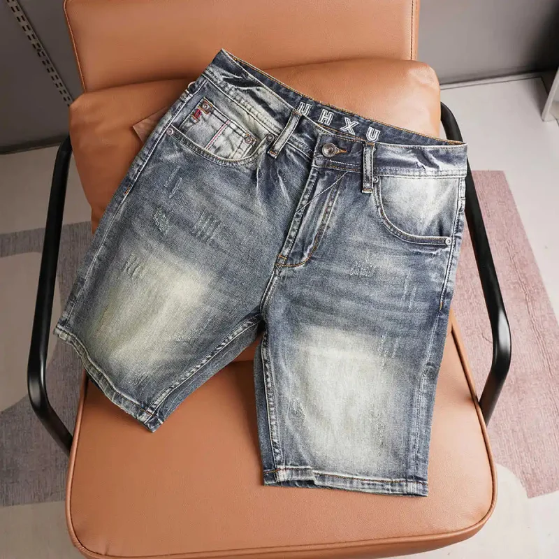 

New American Vintage Blue Denim Jeans for Men, Summer 2026, Slim Straight Cut, Classic Style, Five-Point Jeans