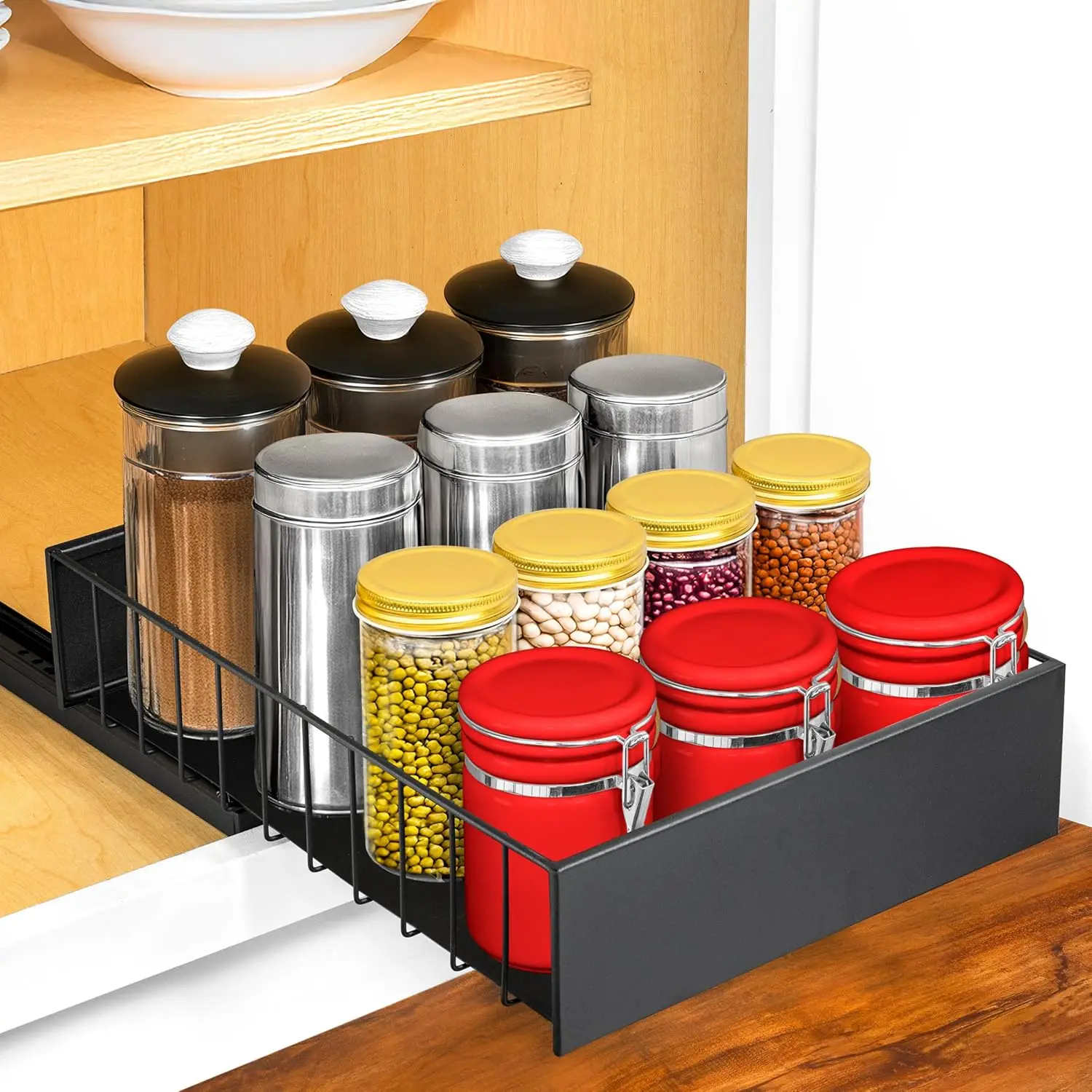 

Pull Out Cabinet Organizer, 10" x 14" Single Tier Slide Out Drawers for Kitchen Cabinets - Sliding Pull-Out Pantry Shelves –