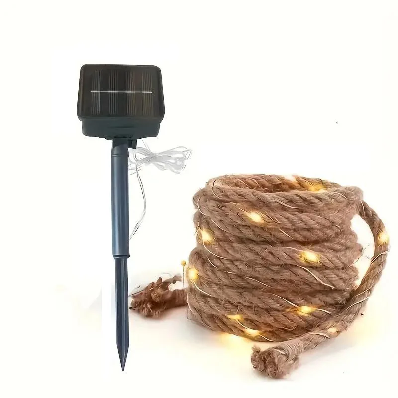 5M/10M Retro Solar Hemp Rope String Light 8 Modes Copper Wire Fair Lamp Outdoor Waterproof Garden Camping Atmosphere Decorative