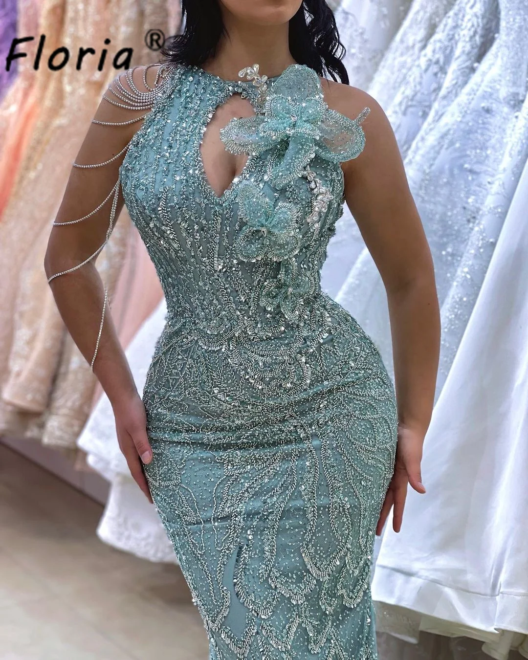 Unique Design Arabic Formal Celebrity Dress Green Beaded Crystals Mermaid Party Dress Appliques Sequin Robe de Soiree Prom Gown