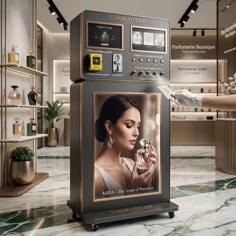 Floor Standing Custom Perfume Retail Kiosk Automatic Smart Spray Dispenser QR Code Payment for Shopping Mall Beauty Store