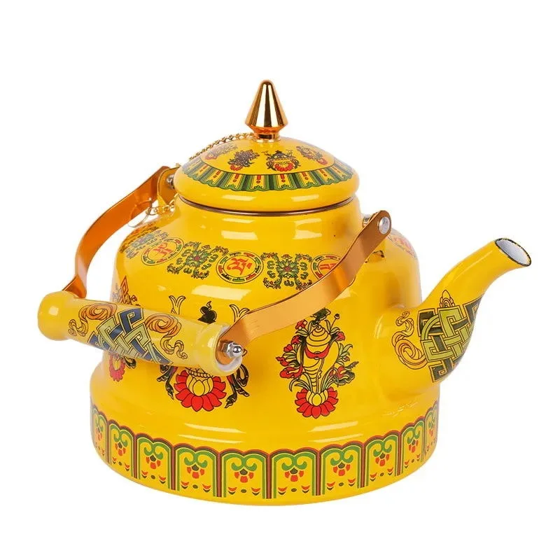 1.7L Tibetan Style Porcelain Enameled Teapot Chinese Ethnic Characteristic Milk Tea Infuser Enamel Boiling Water Kettle
