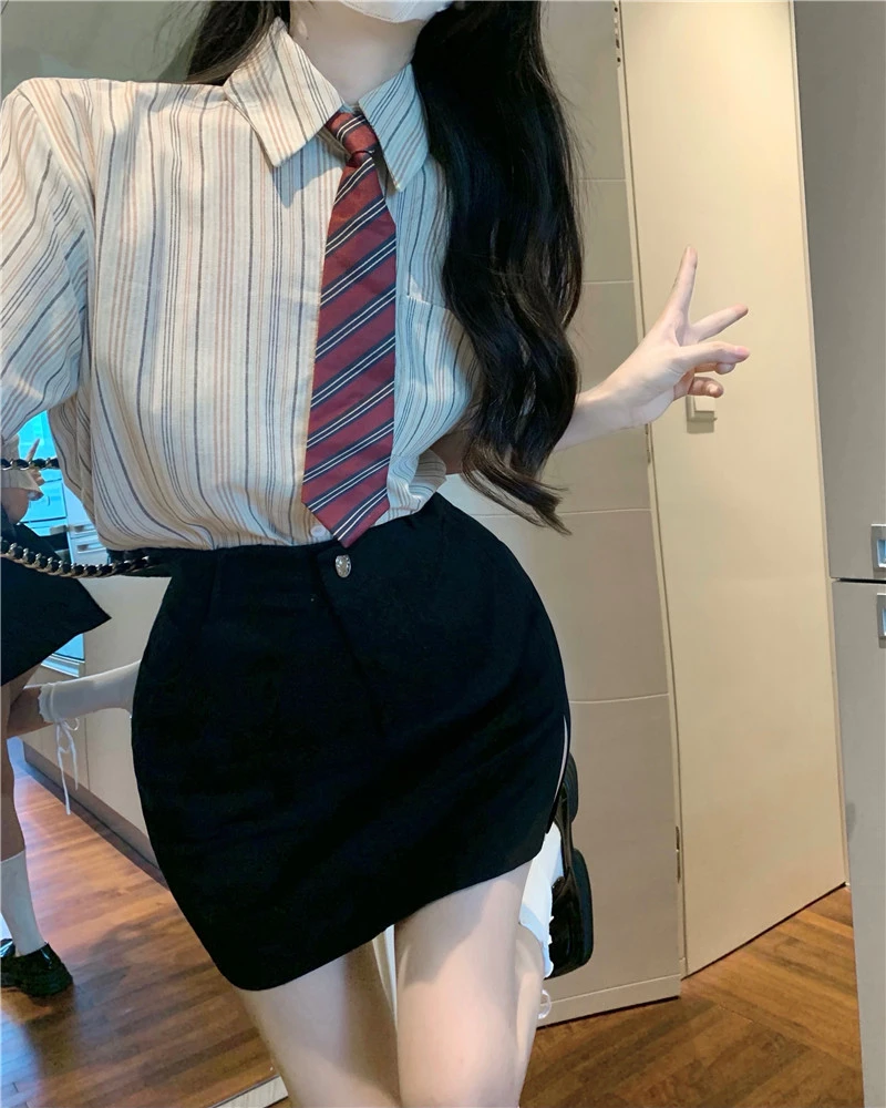 Coreano Set di due pezzi studenti uniforme allentata kaki Vintage camicia a righe a maniche corte donna Mini gonna a portafoglio estate ragazza calda